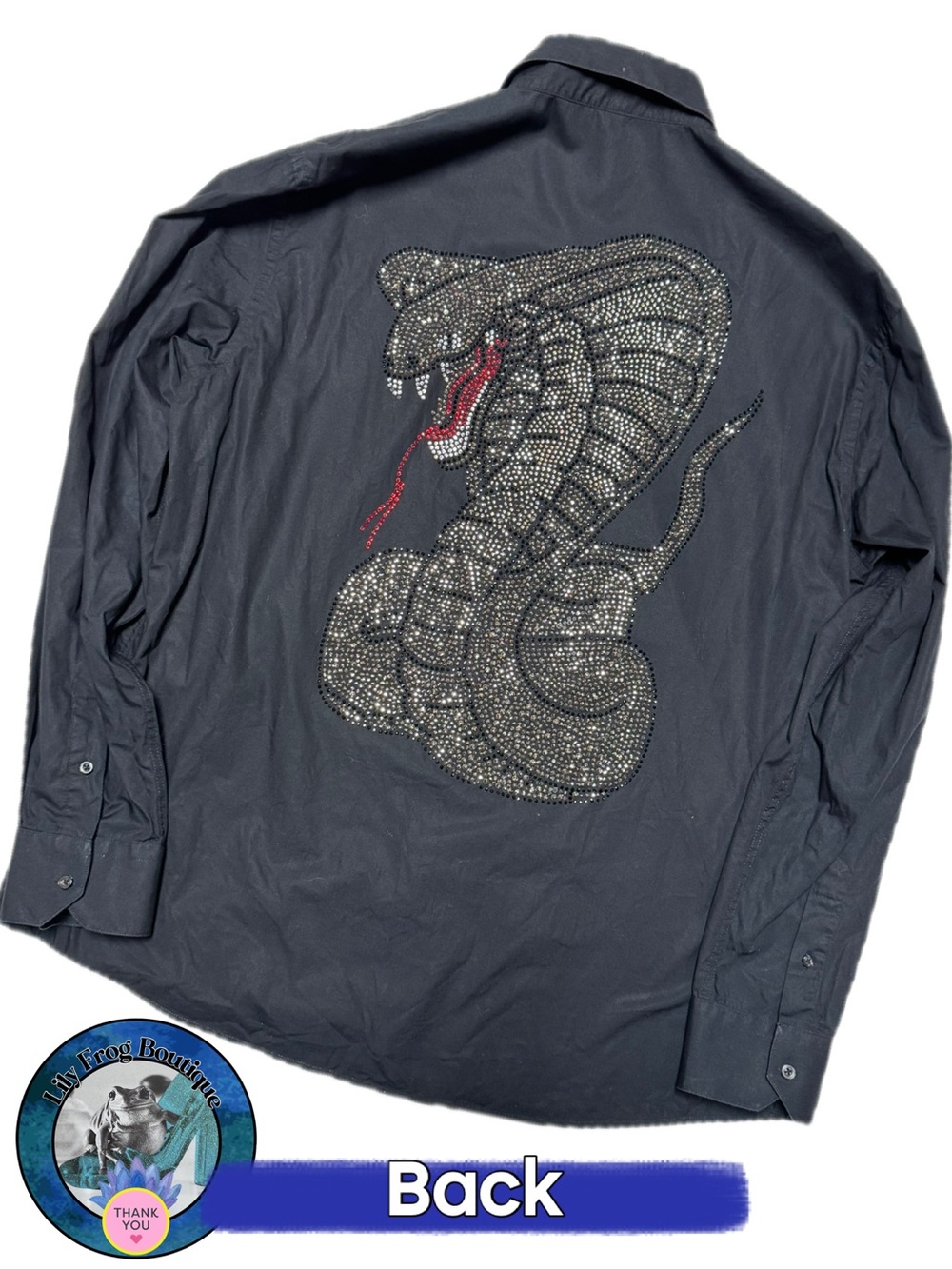 USED Balmain Black Men’s Button-Down Shirt w/ Rhinestone “B” and Snake Accent-XL - Picture 3 of 5